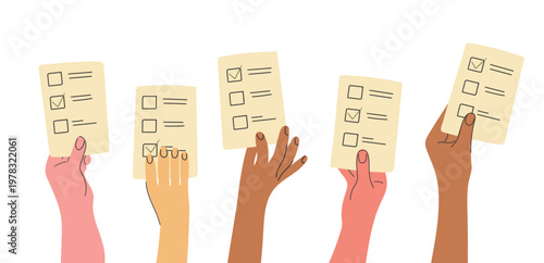 Diverse Hands Holding Marked Voting Ballots