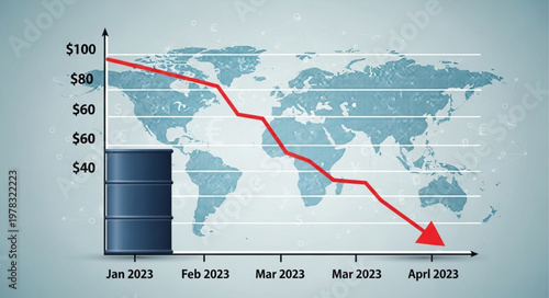 Global oil price decline chart with barrel and world map.