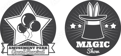 Amusement park attractions including a grand carousel and magic show