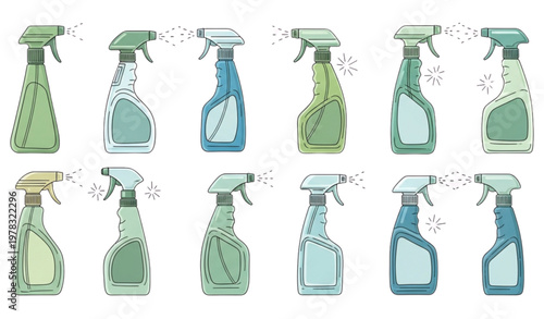 Cleaning Spray Bottle Set with Different Shapes Household Detergent Containers Collection for Hygiene, Sanitizer, Disinfection and Cleaning Product Design Illustration