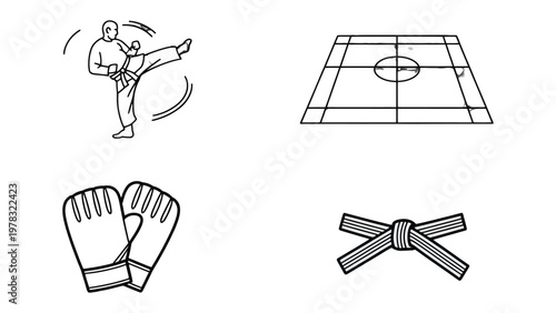 Karate Elements: Illustrated symbols of the discipline of karate, showing martial art techniques and accessories against a clean, uncluttered space. 