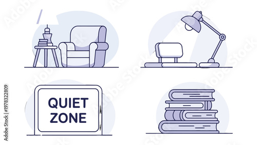 Quiet Zone Essentials: A curated collection of calm and serene interior elements, designed to create a peaceful personal space. Includes a cozy armchair with a lamp.