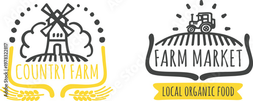 Signage for a local organic farm market with a tractor and barn