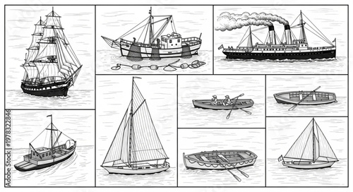 Collection of historical sailing ships and steamships illustration.