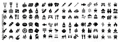Grill icons with skewer steak and tongs flat