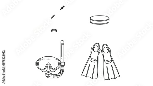 Dive Gear Essentials: A detailed illustration showcasing the essential equipment for underwater exploration, including mask, snorkel, fins, and weight. Ready for aquatic adventure!