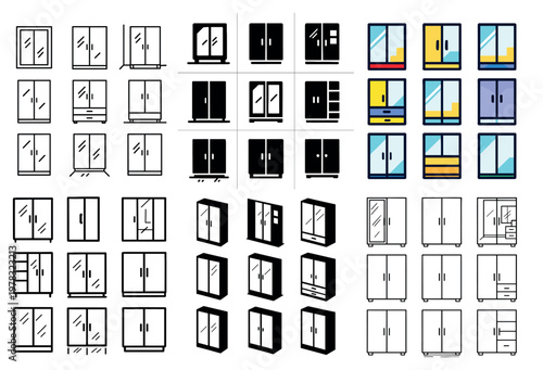 Furniture icons with cabinet window door simple outline