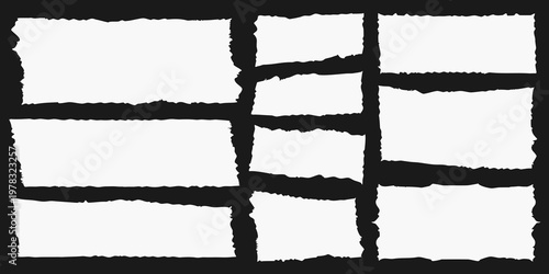 Torn paper fragments arranged in a grid on a black background