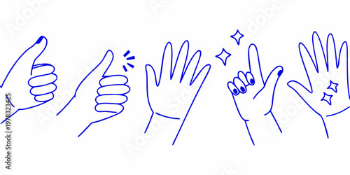 Collection of hand gestures and doodles in a simple blue line art style