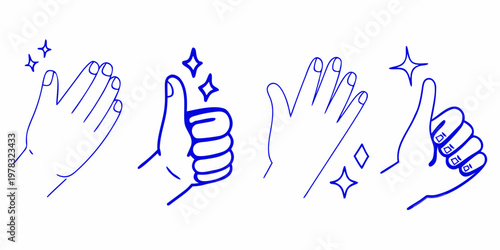 Blue line drawing of clapping hands and celebratory gestures