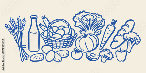 A simple blue line drawing depicting a variety of fresh produce