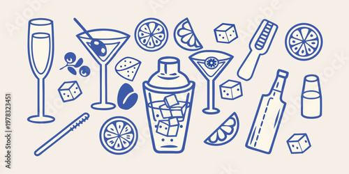Collection of blue line art illustrations depicting various cocktails and bar items