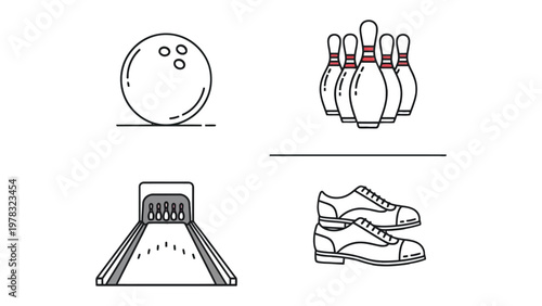 Bowling Elements: A set of minimalistic black and white line drawings representing various elements of bowling: the ball, pins, lane, and shoes. Perfect for illustrating recreational activities.