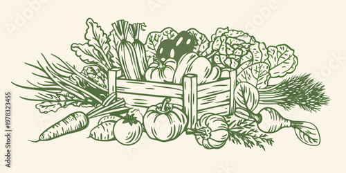 A vintage style illustration of a wooden crate overflowing with fresh vegetables