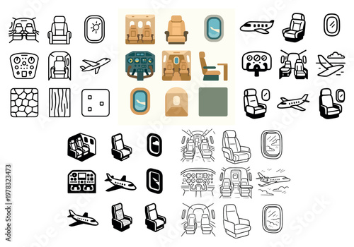 Aviation icons with seats window cockpit minimal