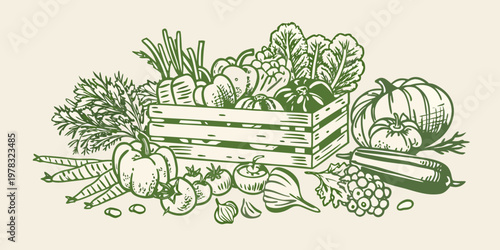 A bountiful sketch of fresh vegetables arranged in and around a crate
