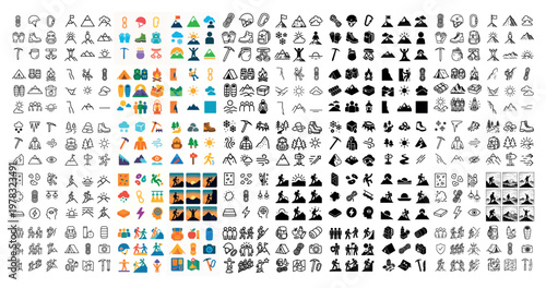 Outdoor icons with tent mountain hiker colorful flat