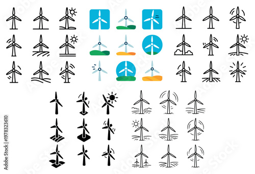 Wind turbine icons with rotor blade sun sketch