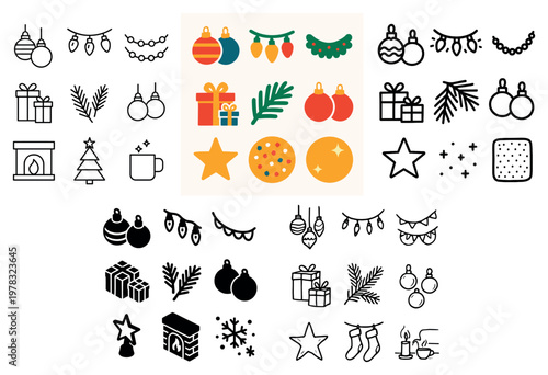 Holiday icons with baubles gifts fireplace outline colorful