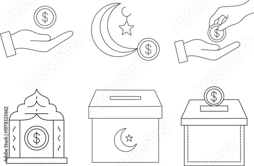 Islamic charity line icon set, zakat and sadaqah donation symbols, 6 vector elements featuring crescent moon and donation box for ramadan