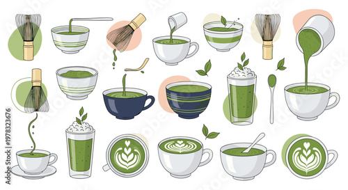 Comprehensive set of matcha green tea illustrations showing various preparation methods, latte art, whisks, bowls, and steaming cups of tea.
