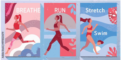 Fitness illustrations depicting women engaged in various athletic activities