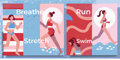 Illustration depicting various athletic activities breathe run stretch and swim