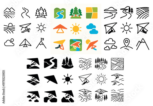 Nature symbols icons with hang glider sun trees minimal