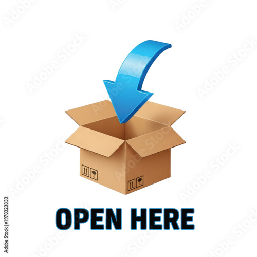 Vibrant graphic illustration of an open cardboard box with a blue arrow pointing downwards, effectively symbolizing digital content download, package delivery, or an unboxing event, ready for action