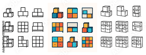 Home furniture icons with cabinet shelf cube flat