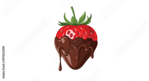 Mouthwatering illustration of a ripe red strawberry partially dipped in smooth, dripping dark chocolate on a clean white background.