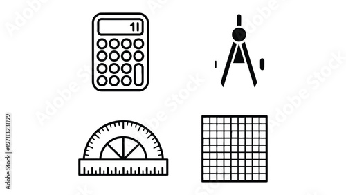 Mathematical Tools of Precision: A precise depiction of essential instruments, including a calculator, compass, protractor, and grid.