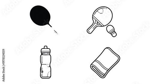 Sport Accessories Illustration: A collection of sports equipment, including a ping pong paddle, water bottle, towel and a pump, illustrating the tools of athleticism and fitness.