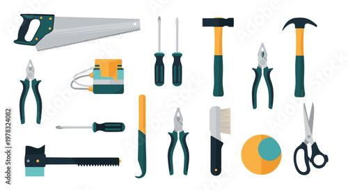 Practical collection of various hand tools including a saw, hammers, screwdrivers, and pliers in a consistent teal and yellow color scheme.