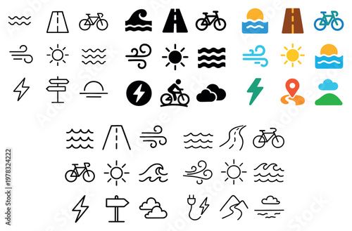 Seaside icons with road bicycle wave outline