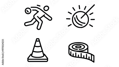 Sports Icon Collection: A collection of diverse sports icons, highlighting the dynamic movement of the shot put, the rhythm of a drum, the guidance of a traffic cone.