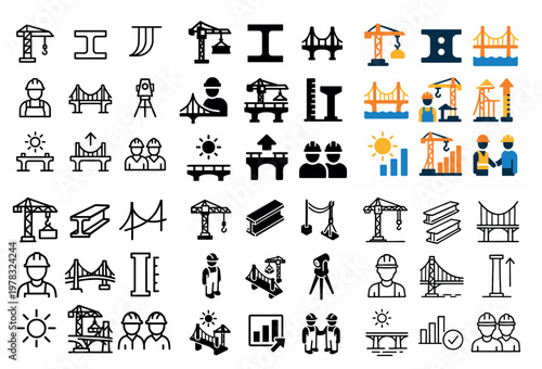 Bridge icons with crane worker beam colorful