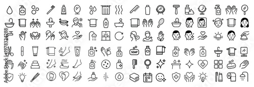 Personal care icons with soap hand mirror outline