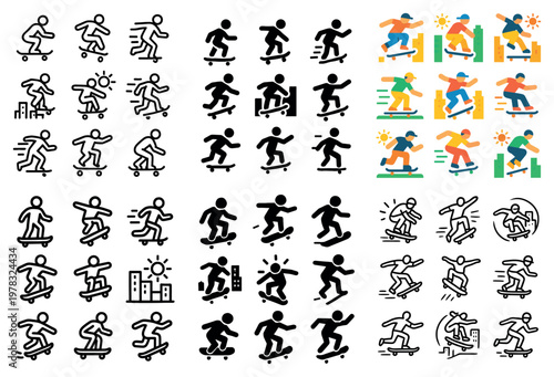 Skateboarding icons with skateboarder and ramp colorful dynamic