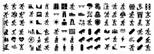 Skateboarding icons with skateboard ramp helmet outline