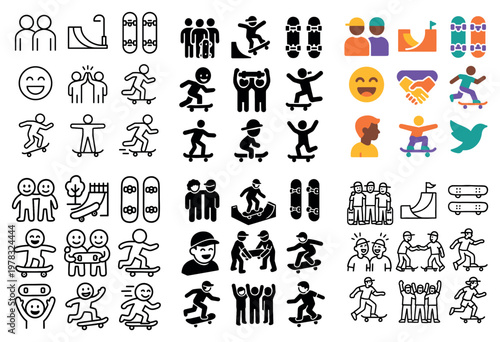 Social skate icons with skateboard handshake bird colorful