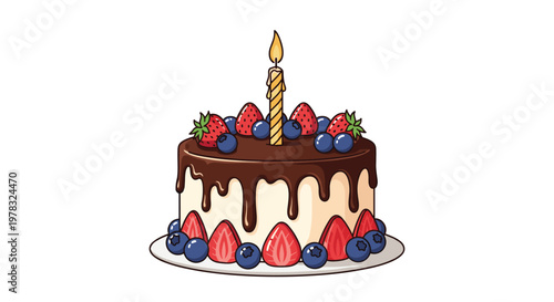 Mouthwatering chocolate layer cake topped with fresh strawberries and blueberries, featuring more berries around the base on a simple white plate.