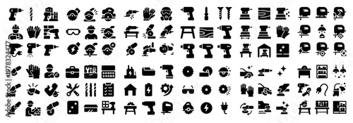 Construction icons with drill helmet wrench solid