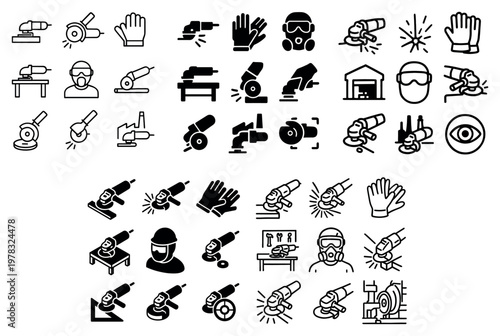 Grinding icons with angle grinder gloves goggles bold