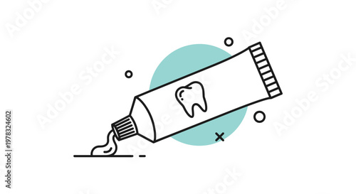 Minimalist illustration of a toothpaste tube with a tooth icon on it squeezing out paste against a circular abstract background.