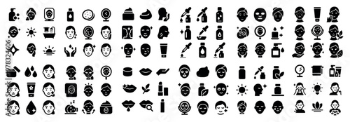 Skincare icons with face cream bottle solid