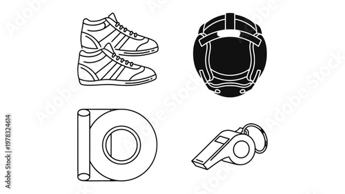 Sports Essentials: A monochromatic display of key sports equipment, perfectly representing the fundamental tools required for athletic endeavors.