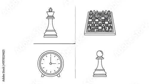 Chess Time: A black and white depiction of chess pieces, a chess board and clock. It captures strategy, competition, and the element of time in this ancient game.