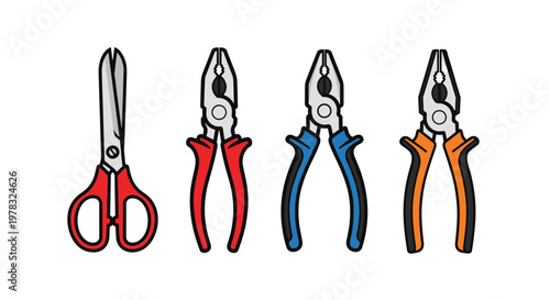 Simple collection of hand tools featuring red-handled scissors and three different pairs of pliers with red, blue, and orange handles.