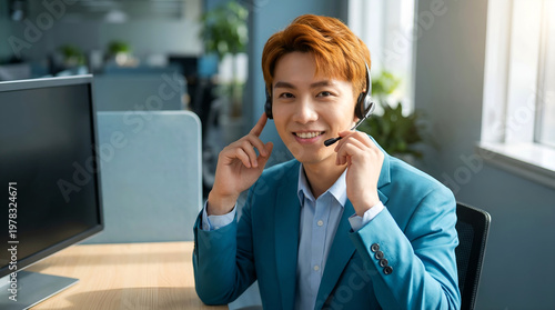 Smiling Asian call center agent with headset for customer service support and business communication.